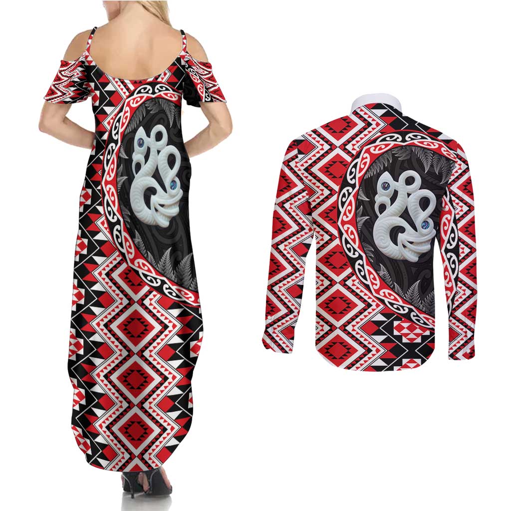 Red Taniko Motif Aotearoa Manaia and Silver Fern Couples Matching Summer Maxi Dress and Long Sleeve Button Shirt LT03 - Polynesian Pride