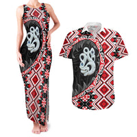 Red Taniko Motif Aotearoa Manaia and Silver Fern Couples Matching Tank Maxi Dress and Hawaiian Shirt LT03 Red - Polynesian Pride