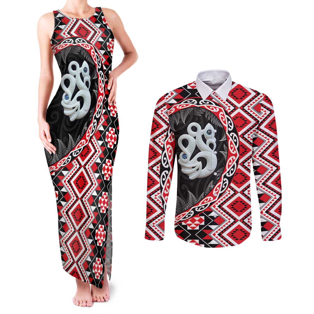 Red Taniko Motif Aotearoa Manaia and Silver Fern Couples Matching Tank Maxi Dress and Long Sleeve Button Shirt LT03 Red - Polynesian Pride