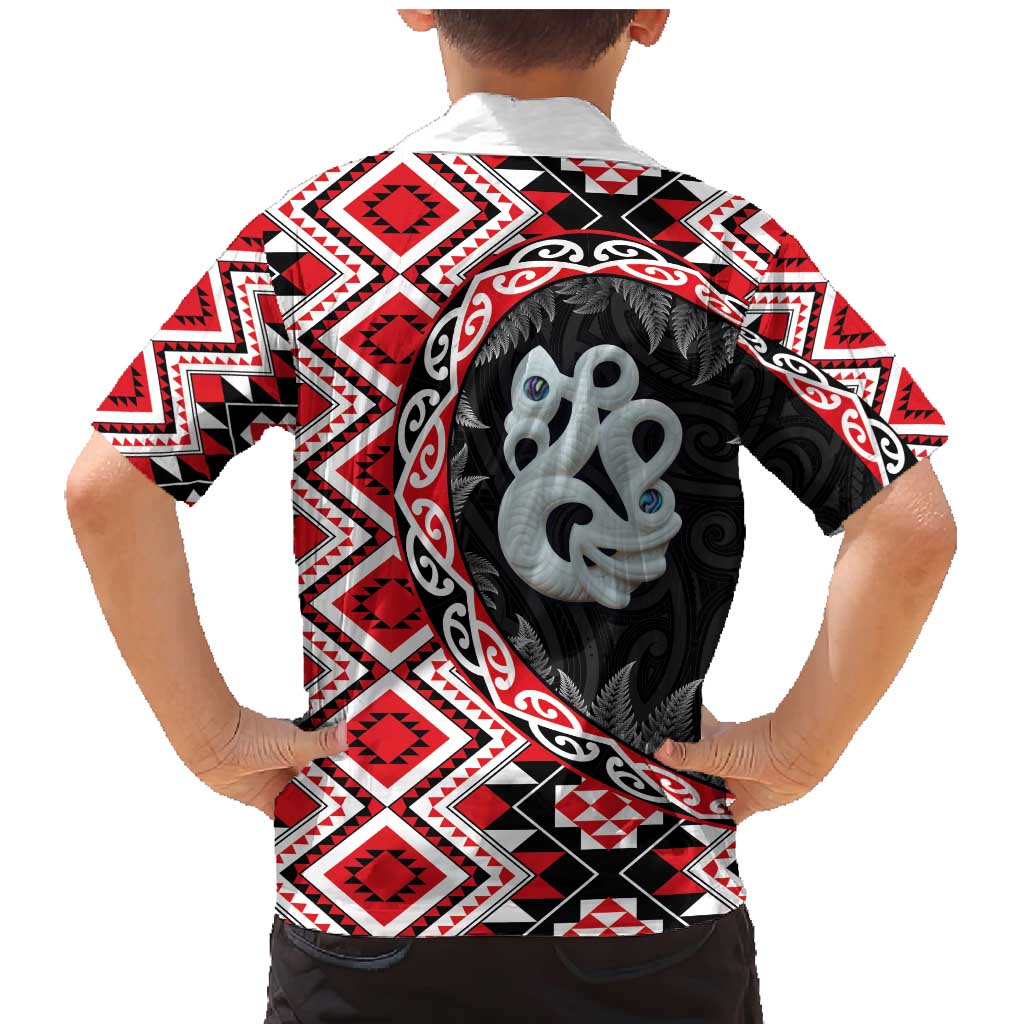 Red Taniko Motif Aotearoa Manaia and Silver Fern Family Matching Mermaid Dress and Hawaiian Shirt LT03 - Polynesian Pride