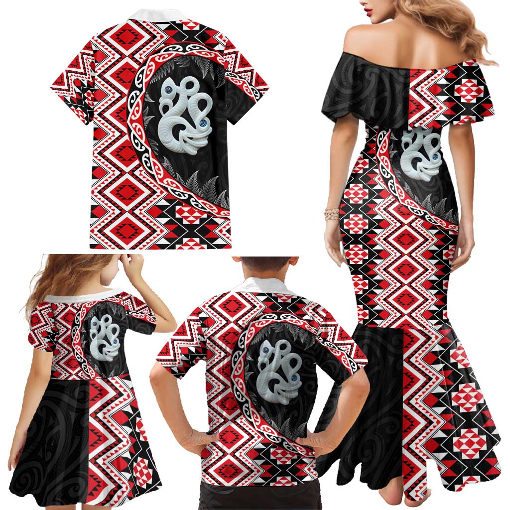 Red Taniko Motif Aotearoa Manaia and Silver Fern Family Matching Mermaid Dress and Hawaiian Shirt LT03 - Polynesian Pride