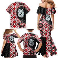 Red Taniko Motif Aotearoa Manaia and Silver Fern Family Matching Mermaid Dress and Hawaiian Shirt LT03 - Polynesian Pride
