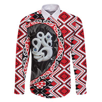 Red Taniko Motif Aotearoa Manaia and Silver Fern Family Matching Mermaid Dress and Hawaiian Shirt LT03 Dad's Shirt - Long Sleeve Red - Polynesian Pride