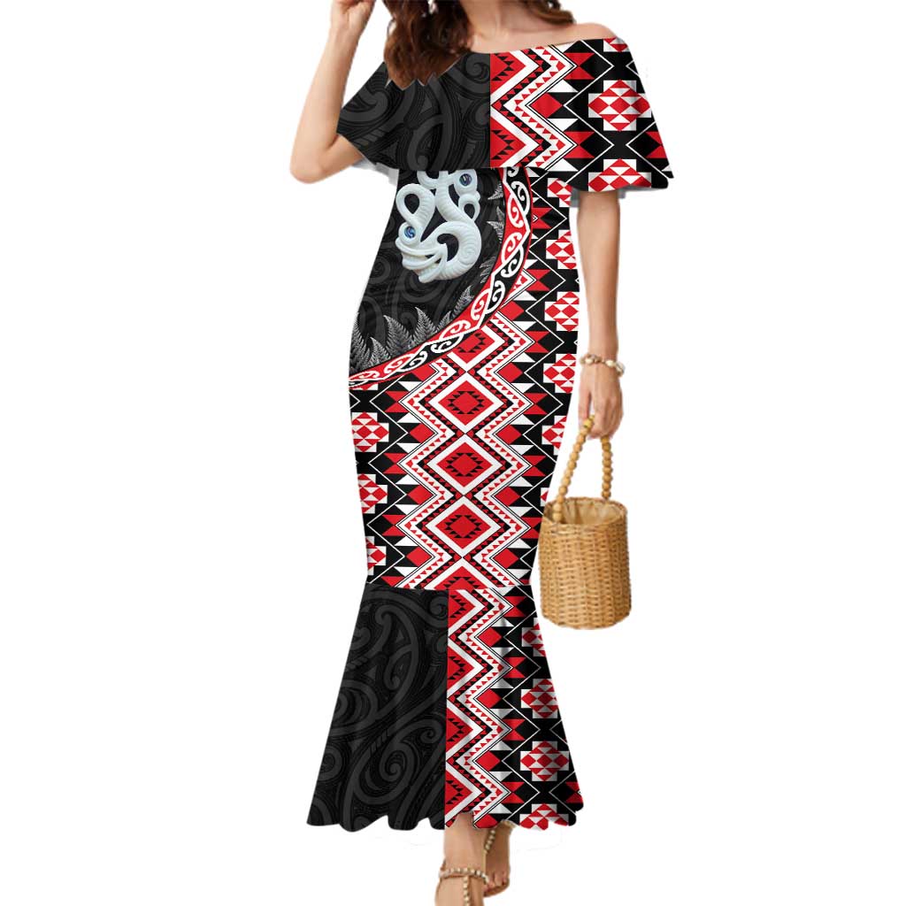 Red Taniko Motif Aotearoa Manaia and Silver Fern Family Matching Mermaid Dress and Hawaiian Shirt LT03 Mom's Dress Red - Polynesian Pride