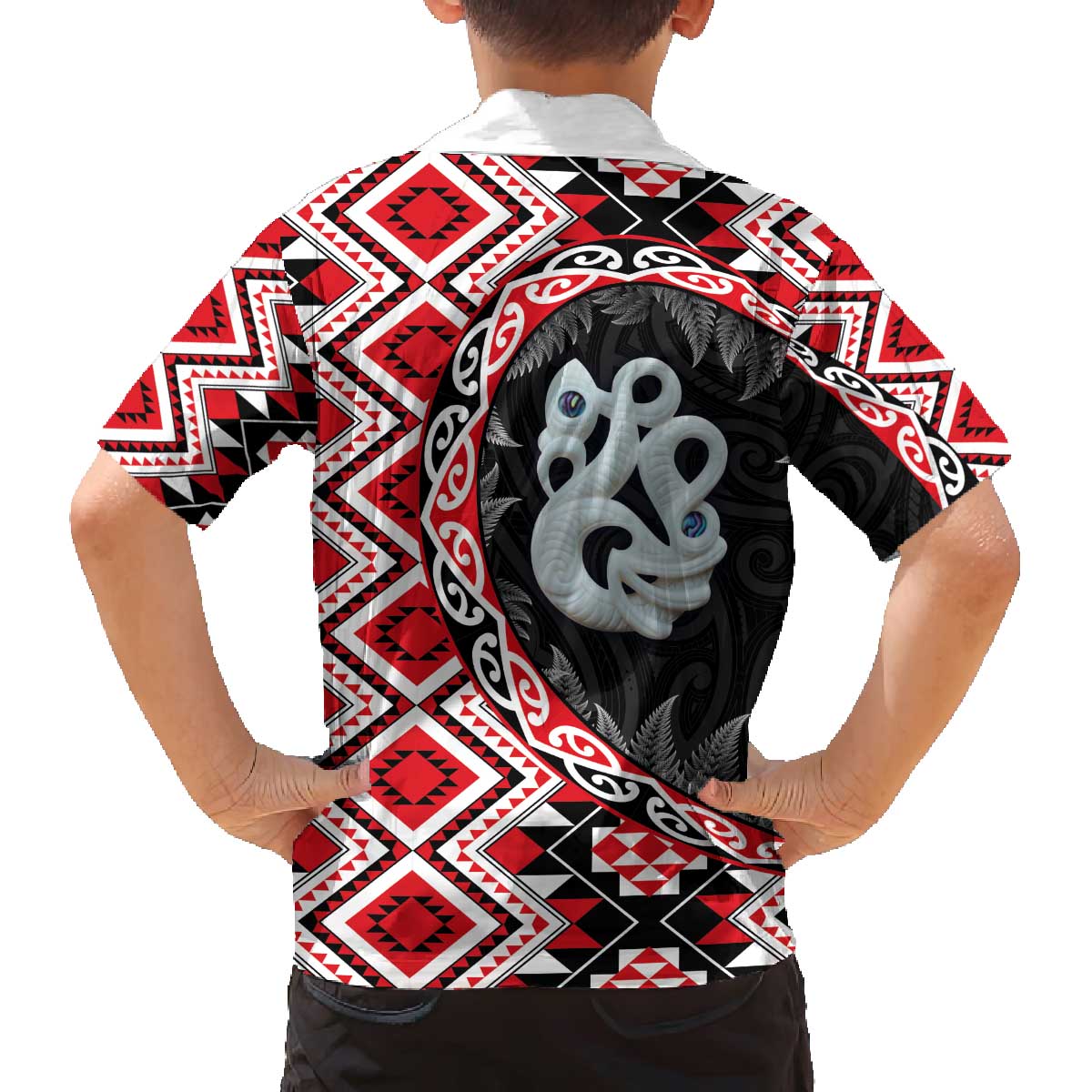 Red Taniko Motif Aotearoa Manaia and Silver Fern Family Matching Off The Shoulder Long Sleeve Dress and Hawaiian Shirt LT03 - Polynesian Pride