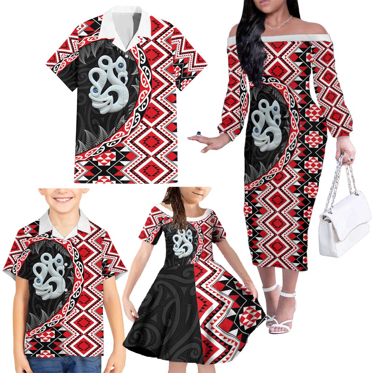 Red Taniko Motif Aotearoa Manaia and Silver Fern Family Matching Off The Shoulder Long Sleeve Dress and Hawaiian Shirt LT03 - Polynesian Pride