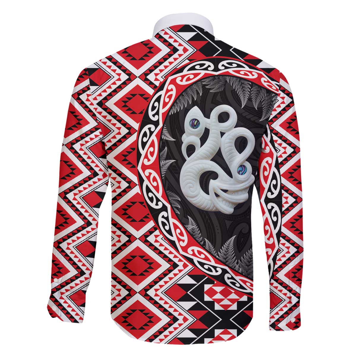 Red Taniko Motif Aotearoa Manaia and Silver Fern Family Matching Off The Shoulder Long Sleeve Dress and Hawaiian Shirt LT03 - Polynesian Pride