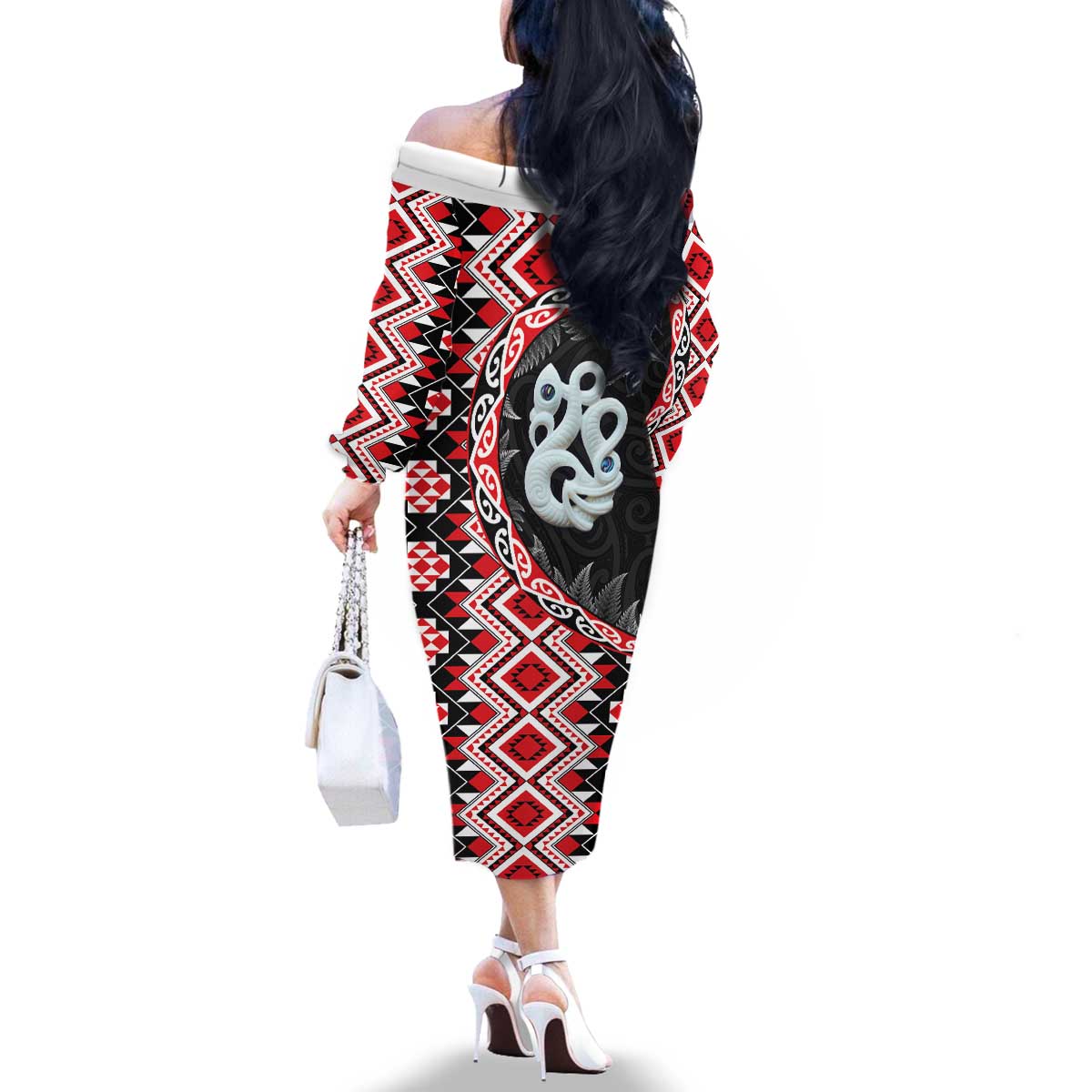 Red Taniko Motif Aotearoa Manaia and Silver Fern Family Matching Off The Shoulder Long Sleeve Dress and Hawaiian Shirt LT03 - Polynesian Pride