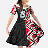 Red Taniko Motif Aotearoa Manaia and Silver Fern Family Matching Off Shoulder Maxi Dress and Hawaiian Shirt LT03 Daughter's Dress Red - Polynesian Pride