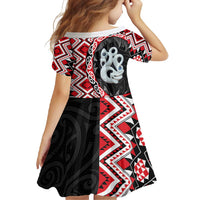 Red Taniko Motif Aotearoa Manaia and Silver Fern Family Matching Off Shoulder Maxi Dress and Hawaiian Shirt LT03 - Polynesian Pride