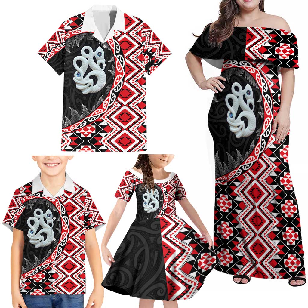 Red Taniko Motif Aotearoa Manaia and Silver Fern Family Matching Off Shoulder Maxi Dress and Hawaiian Shirt LT03 - Polynesian Pride