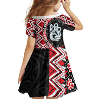 Red Taniko Motif Aotearoa Manaia and Silver Fern Family Matching Off Shoulder Short Dress and Hawaiian Shirt LT03 - Polynesian Pride
