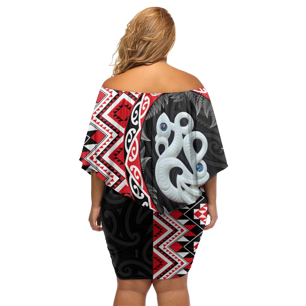 Red Taniko Motif Aotearoa Manaia and Silver Fern Family Matching Off Shoulder Short Dress and Hawaiian Shirt LT03 - Polynesian Pride