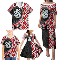 Red Taniko Motif Aotearoa Manaia and Silver Fern Family Matching Puletasi and Hawaiian Shirt LT03 - Polynesian Pride