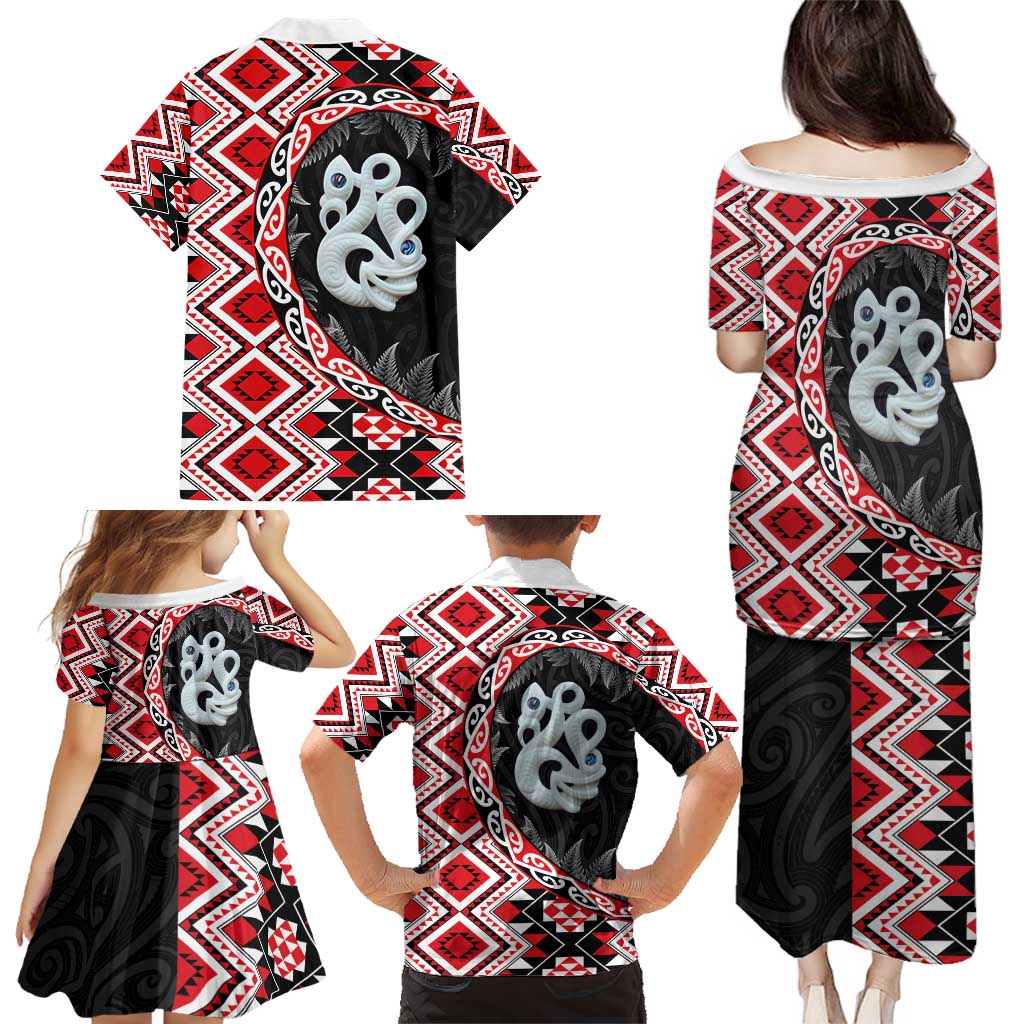 Red Taniko Motif Aotearoa Manaia and Silver Fern Family Matching Puletasi and Hawaiian Shirt LT03 - Polynesian Pride