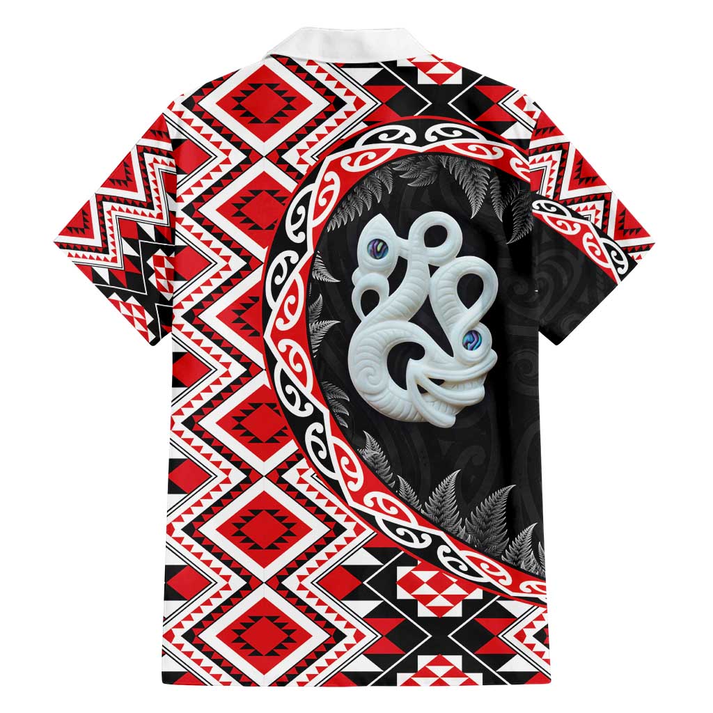 Red Taniko Motif Aotearoa Manaia and Silver Fern Family Matching Puletasi and Hawaiian Shirt LT03 - Polynesian Pride