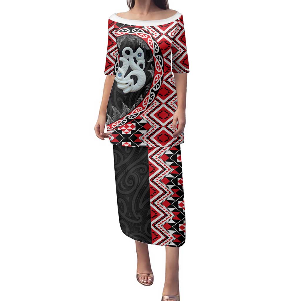 Red Taniko Motif Aotearoa Manaia and Silver Fern Family Matching Puletasi and Hawaiian Shirt LT03 Mom's Dress Red - Polynesian Pride