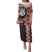 Red Taniko Motif Aotearoa Manaia and Silver Fern Family Matching Puletasi and Hawaiian Shirt LT03 Mom's Dress Red - Polynesian Pride