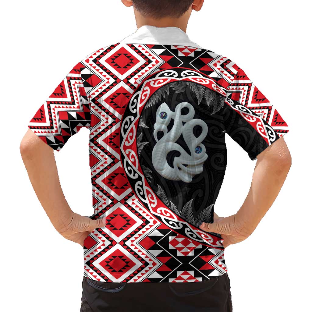 Red Taniko Motif Aotearoa Manaia and Silver Fern Family Matching Short Sleeve Bodycon Dress and Hawaiian Shirt LT03 - Polynesian Pride