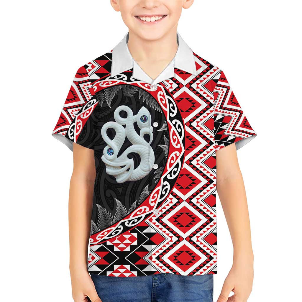 Red Taniko Motif Aotearoa Manaia and Silver Fern Family Matching Short Sleeve Bodycon Dress and Hawaiian Shirt LT03 Son's Shirt Red - Polynesian Pride