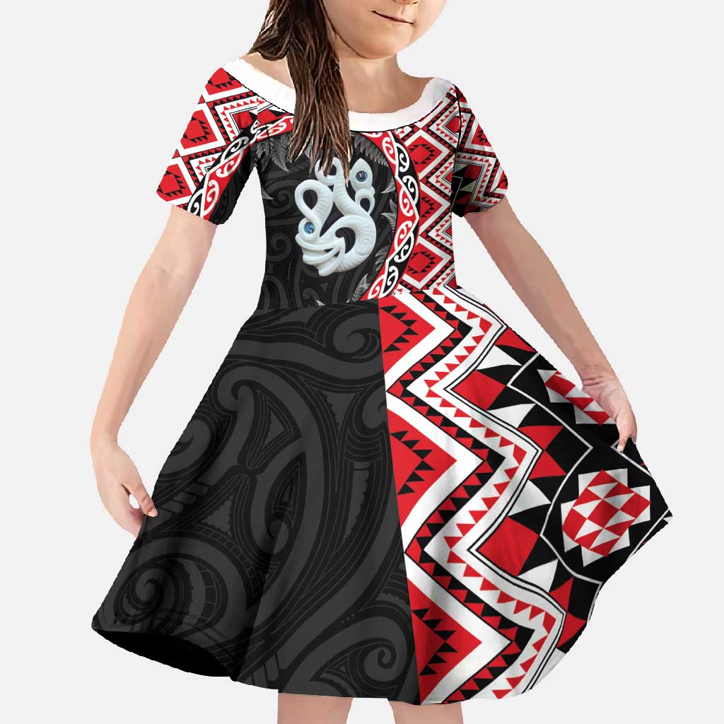 Red Taniko Motif Aotearoa Manaia and Silver Fern Family Matching Summer Maxi Dress and Hawaiian Shirt LT03 Daughter's Dress Red - Polynesian Pride