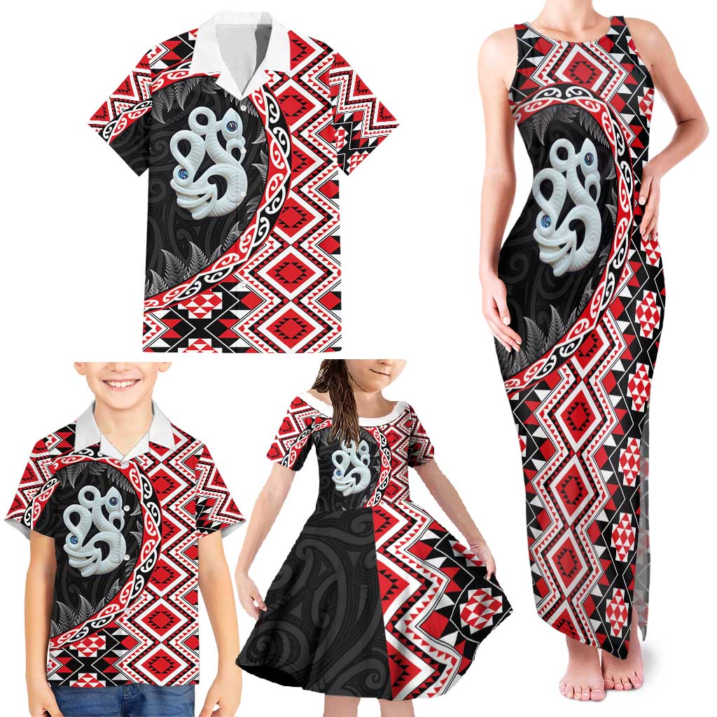 Red Taniko Motif Aotearoa Manaia and Silver Fern Family Matching Tank Maxi Dress and Hawaiian Shirt LT03 - Polynesian Pride