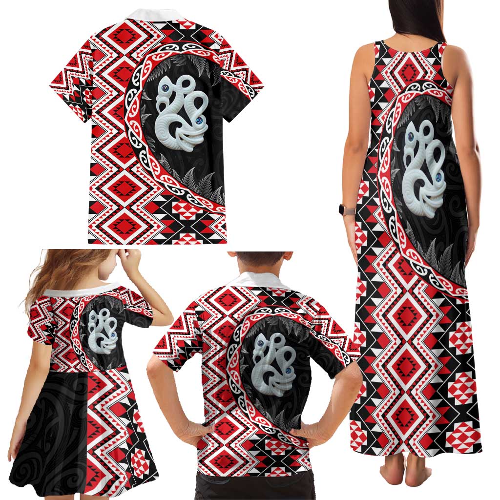 Red Taniko Motif Aotearoa Manaia and Silver Fern Family Matching Tank Maxi Dress and Hawaiian Shirt LT03 - Polynesian Pride