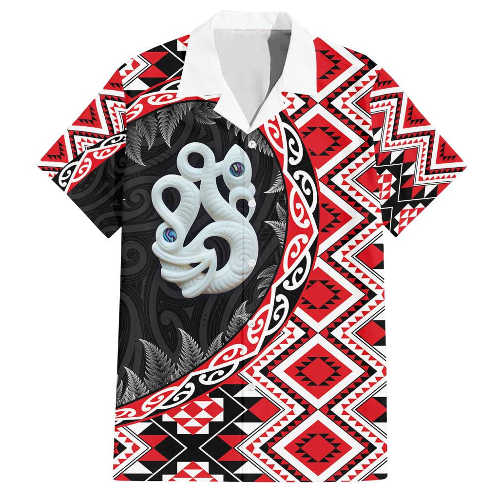 Red Taniko Motif Aotearoa Manaia and Silver Fern Family Matching Tank Maxi Dress and Hawaiian Shirt LT03 Dad's Shirt - Short Sleeve Red - Polynesian Pride