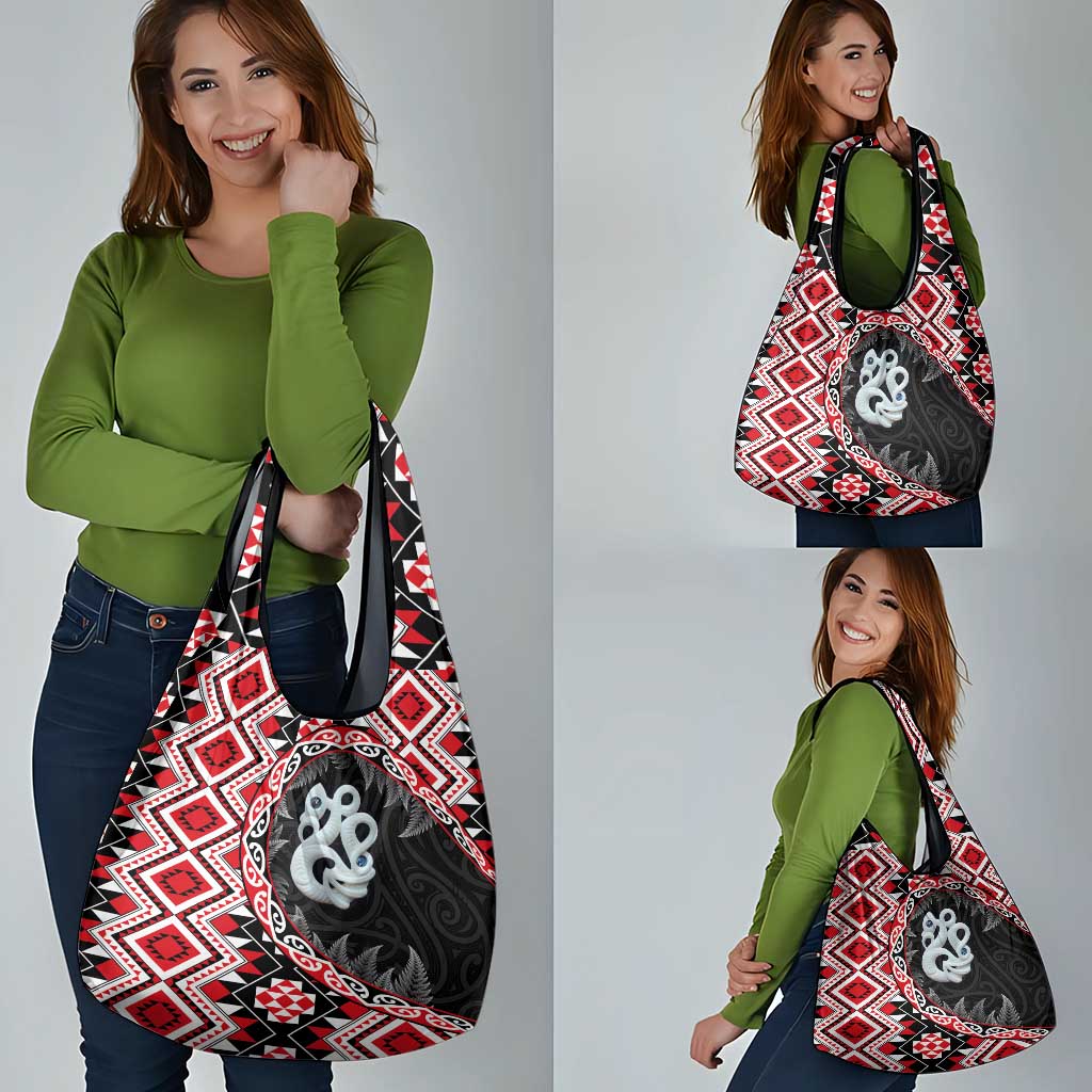 Red Taniko Motif Aotearoa Manaia and Silver Fern Grocery Bag