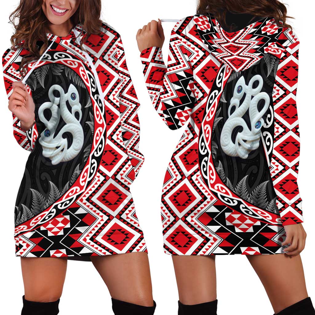 Red Taniko Motif Aotearoa Manaia and Silver Fern Hoodie Dress LT03 - Polynesian Pride
