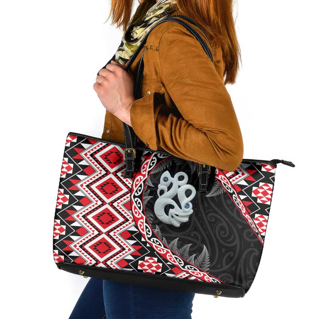 Red Taniko Motif Aotearoa Manaia and Silver Fern Leather Tote Bag LT03 Red - Polynesian Pride