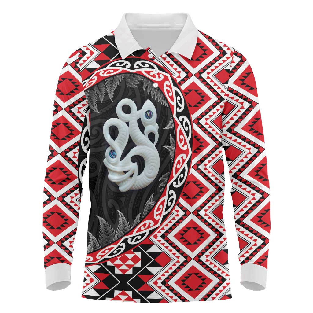 Red Taniko Motif Aotearoa Manaia and Silver Fern Long Sleeve Polo Shirt LT03 Red - Polynesian Pride