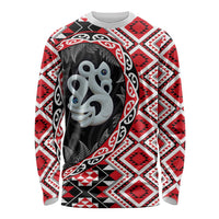 Red Taniko Motif Aotearoa Manaia and Silver Fern Long Sleeve Shirt LT03 Unisex Red - Polynesian Pride