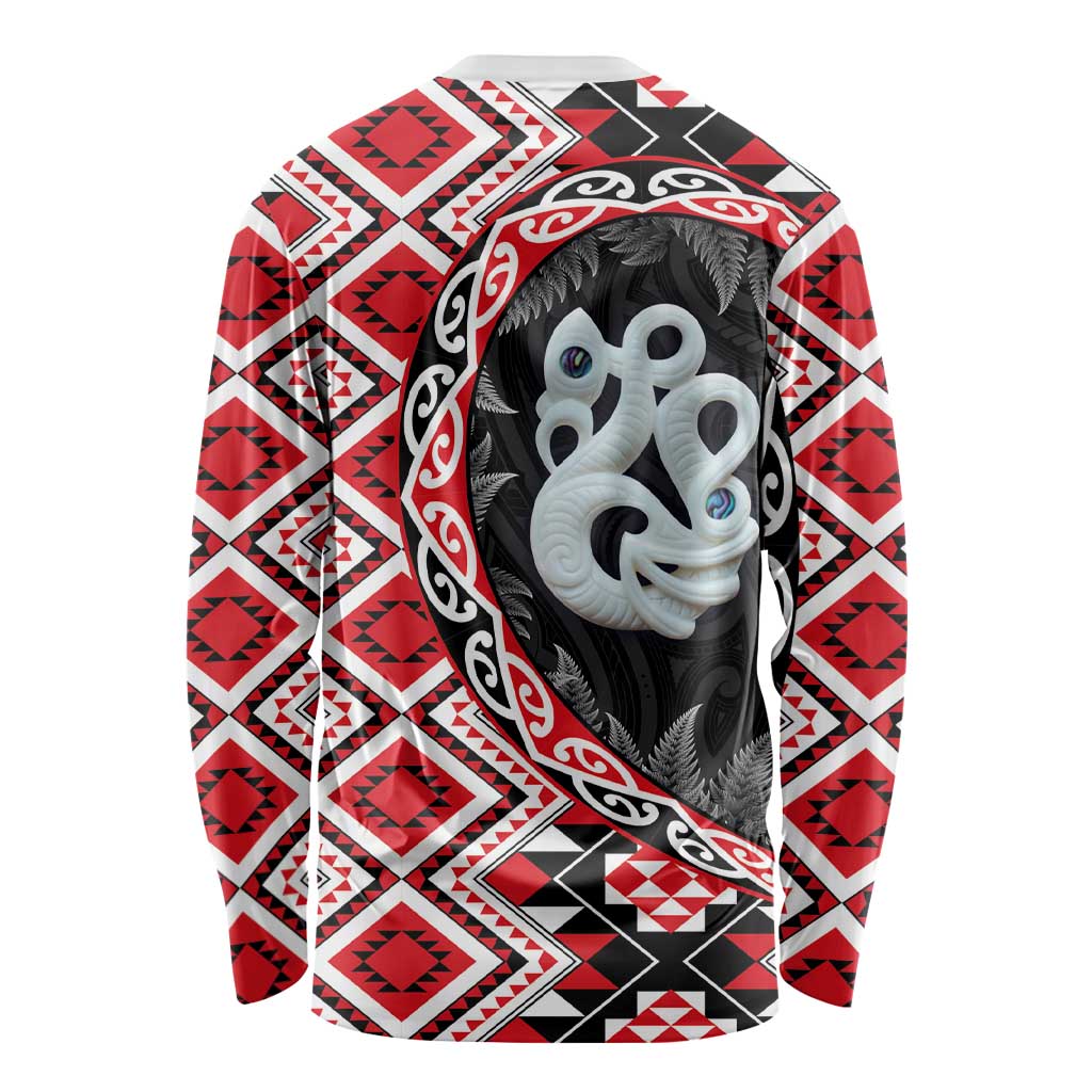Red Taniko Motif Aotearoa Manaia and Silver Fern Long Sleeve Shirt LT03 - Polynesian Pride