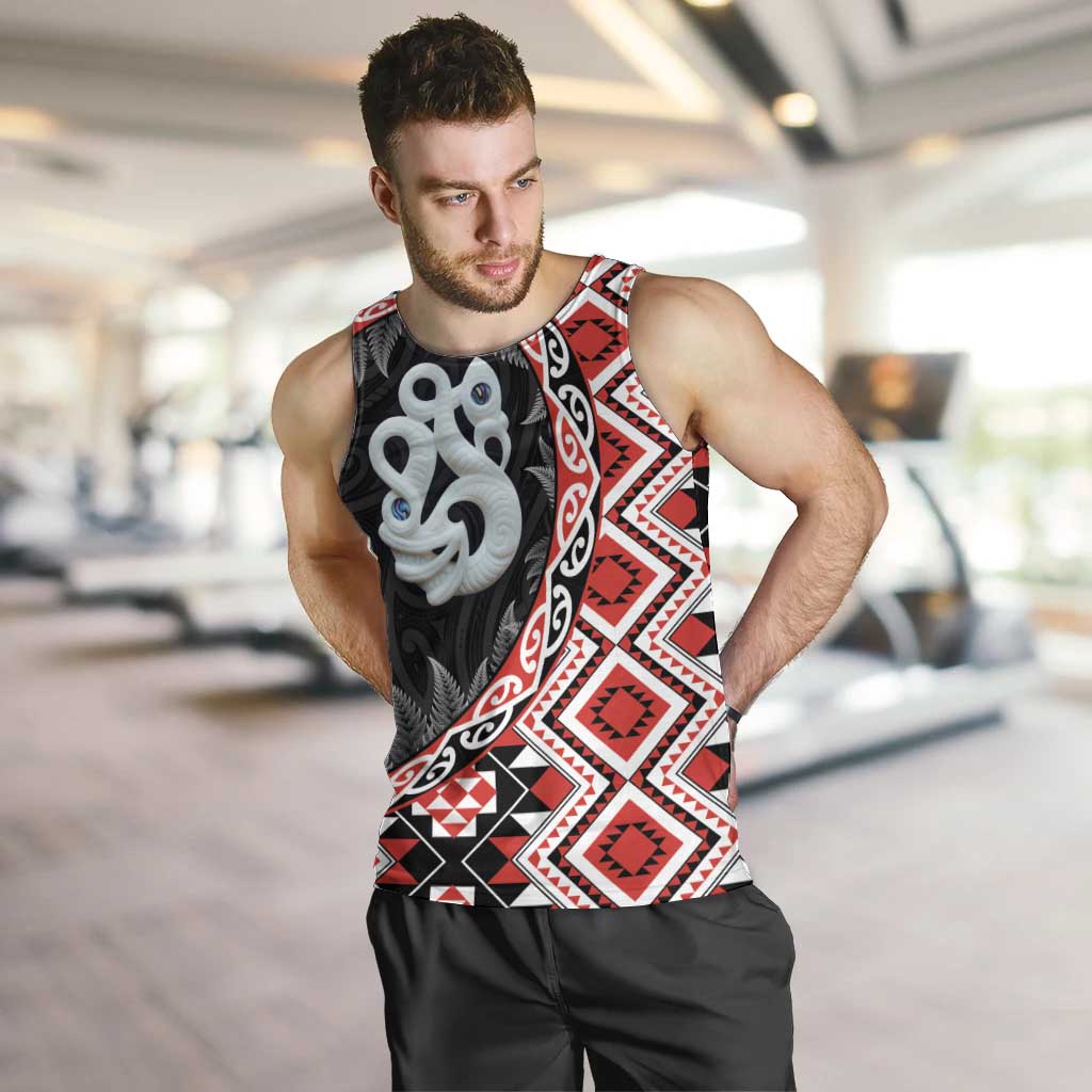 Red Taniko Motif Aotearoa Manaia and Silver Fern Men Tank Top LT03 Red - Polynesian Pride