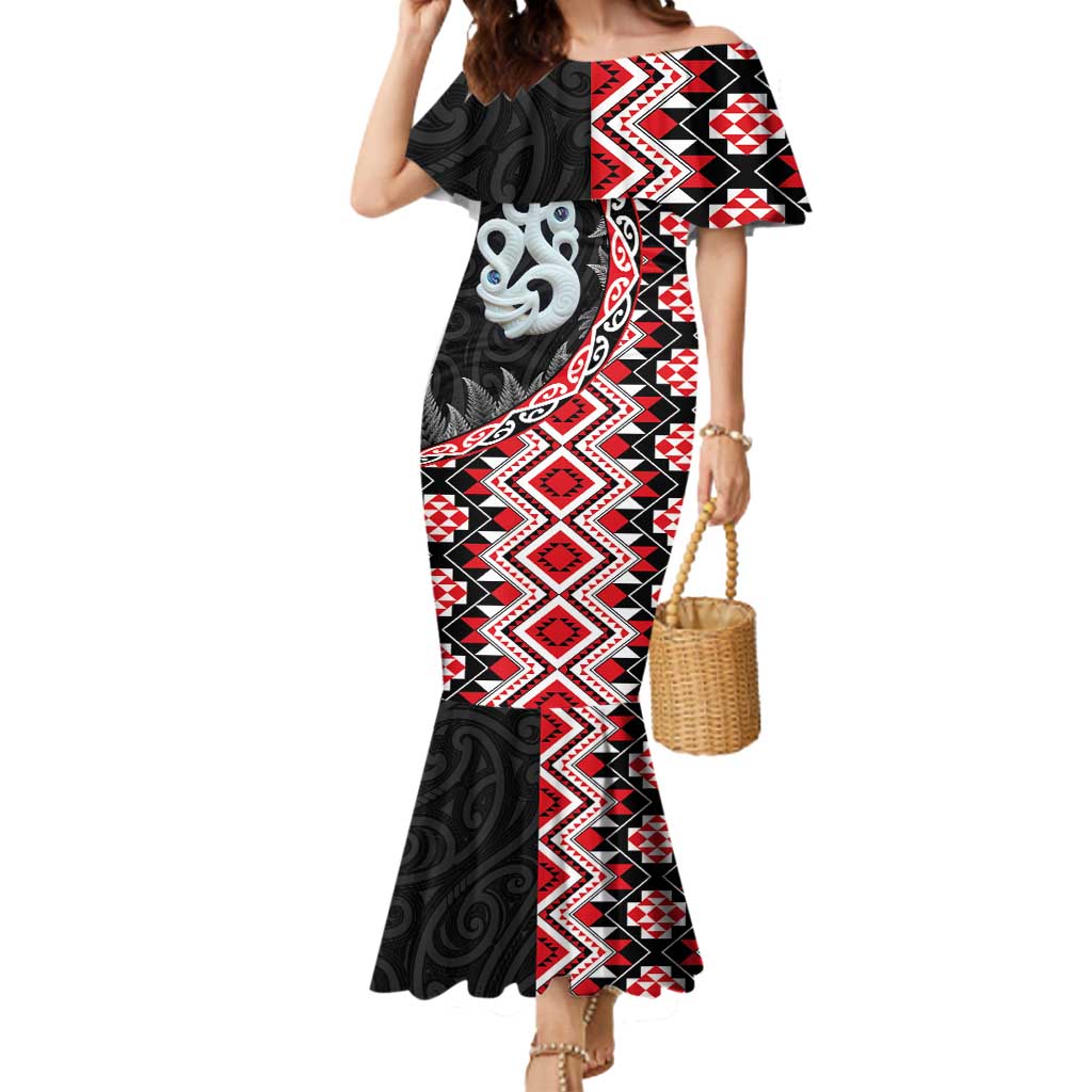 Red Taniko Motif Aotearoa Manaia and Silver Fern Mermaid Dress LT03 Women Red - Polynesian Pride