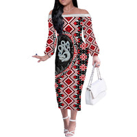 Red Taniko Motif Aotearoa Manaia and Silver Fern Off The Shoulder Long Sleeve Dress LT03 Women Red - Polynesian Pride