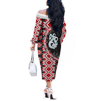 Red Taniko Motif Aotearoa Manaia and Silver Fern Off The Shoulder Long Sleeve Dress LT03 - Polynesian Pride