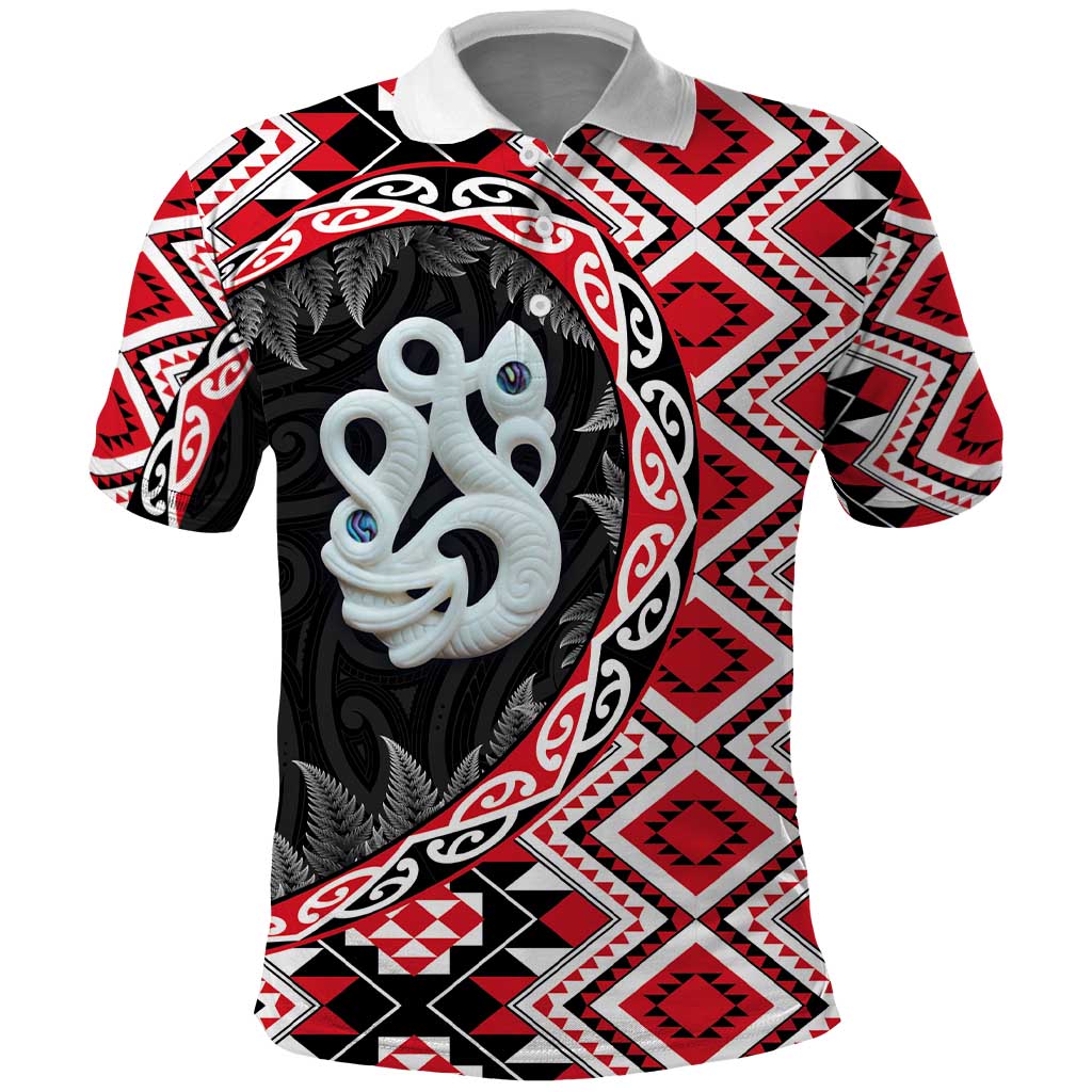 Red Taniko Motif Aotearoa Manaia and Silver Fern Polo Shirt LT03 Red - Polynesian Pride