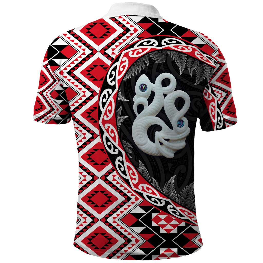 Red Taniko Motif Aotearoa Manaia and Silver Fern Polo Shirt LT03 - Polynesian Pride