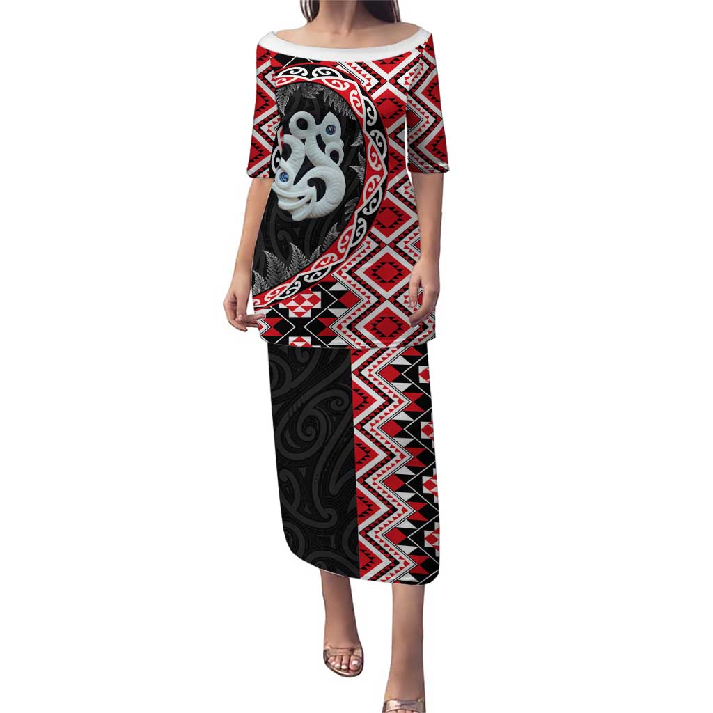 Red Taniko Motif Aotearoa Manaia and Silver Fern Puletasi LT03 Long Dress Red - Polynesian Pride