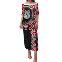 Red Taniko Motif Aotearoa Manaia and Silver Fern Puletasi