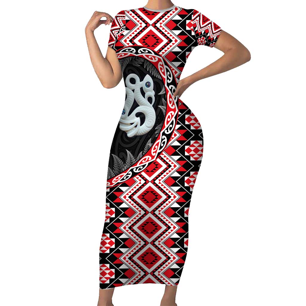 Red Taniko Motif Aotearoa Manaia and Silver Fern Short Sleeve Bodycon Dress LT03 Long Dress Red - Polynesian Pride