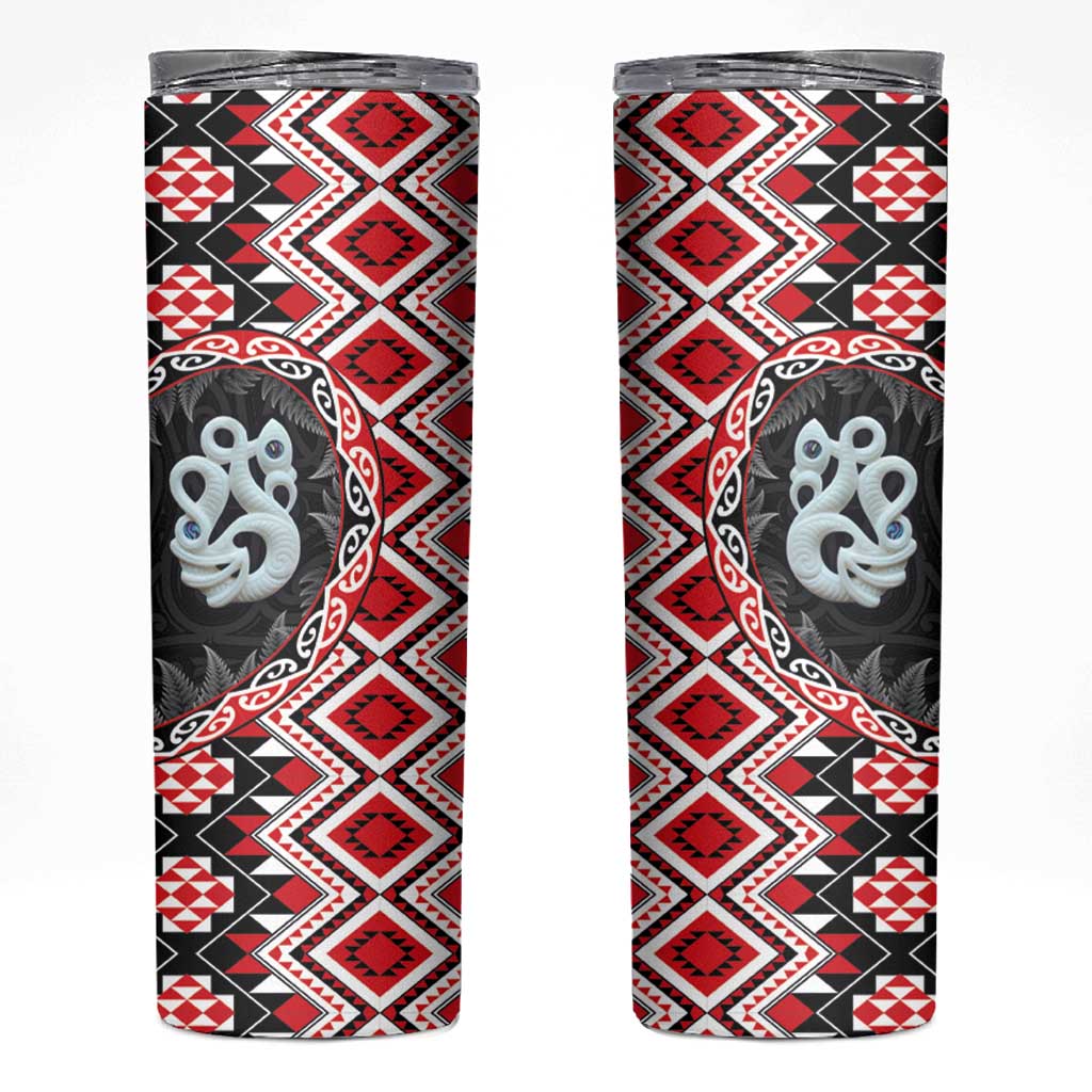 Red Taniko Motif Aotearoa Manaia and Silver Fern Skinny Tumbler LT03 Red - Polynesian Pride
