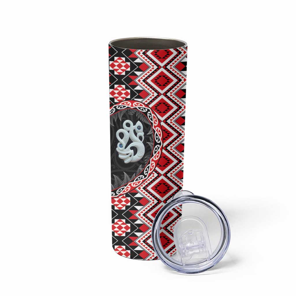 Red Taniko Motif Aotearoa Manaia and Silver Fern Skinny Tumbler LT03 - Polynesian Pride