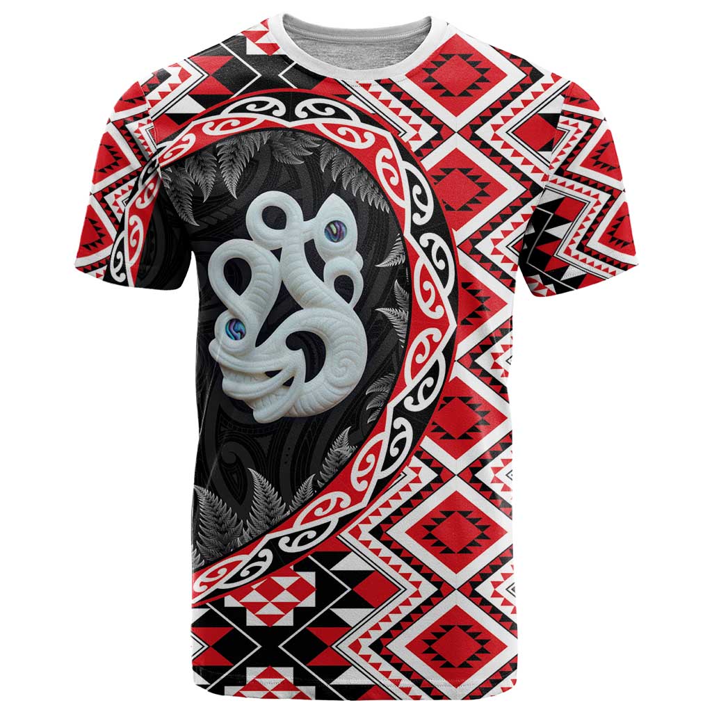 Red Taniko Motif Aotearoa Manaia and Silver Fern T Shirt LT03 Red - Polynesian Pride
