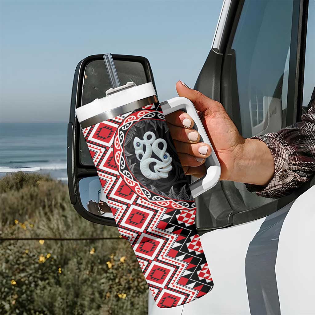 Red Taniko Motif Aotearoa Manaia and Silver Fern Tumbler With Handle