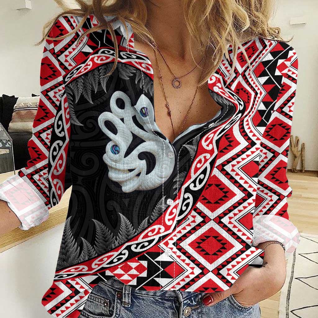 Red Taniko Motif Aotearoa Manaia and Silver Fern Women Casual Shirt LT03 Female Red - Polynesian Pride