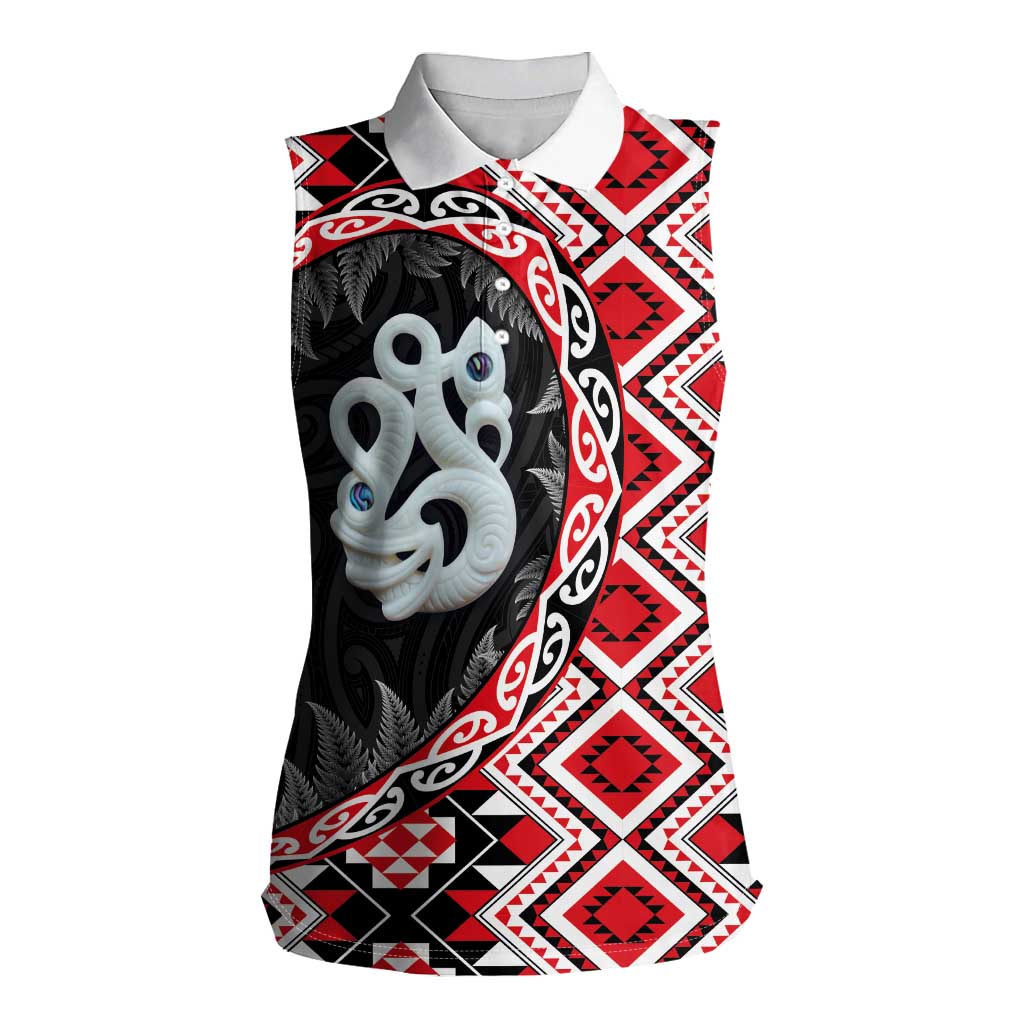 Red Taniko Motif Aotearoa Manaia and Silver Fern Women Sleeveless Polo Shirt LT03 Female Red - Polynesian Pride