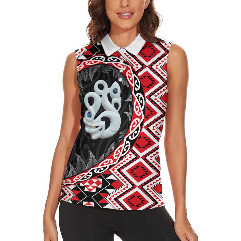 Red Taniko Motif Aotearoa Manaia and Silver Fern Women Sleeveless Polo Shirt LT03 - Polynesian Pride